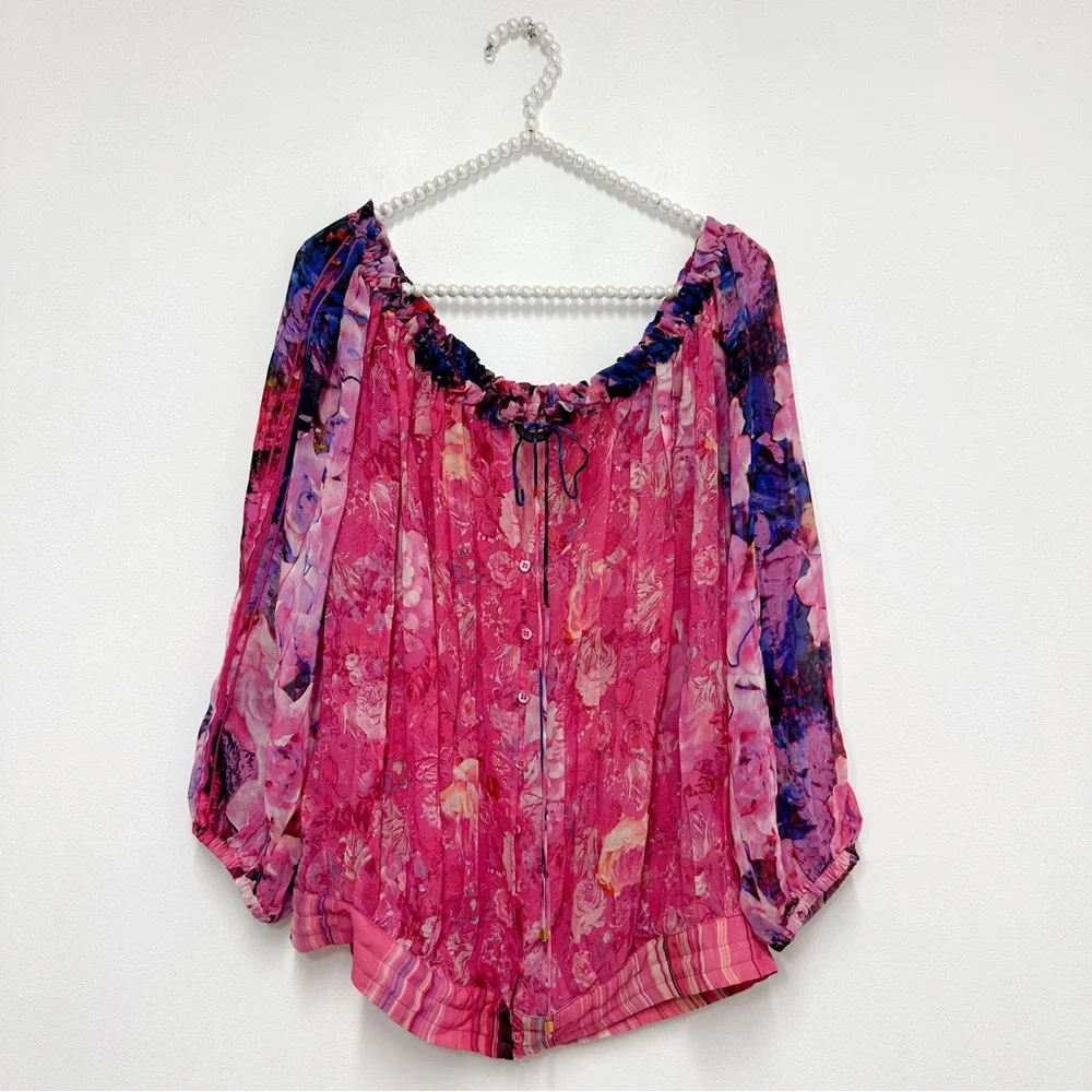 Roberto Cavalli Off the Shoulder 100% Silk Peasant Blouse in Pink and Blue
